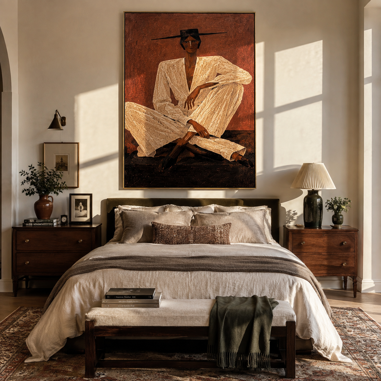 Ivory Suit Crosses Rust - Seated Ivory Suit Figure painting by Adrian Lee, mid-century modern vertical wall art – styled room scene view 4