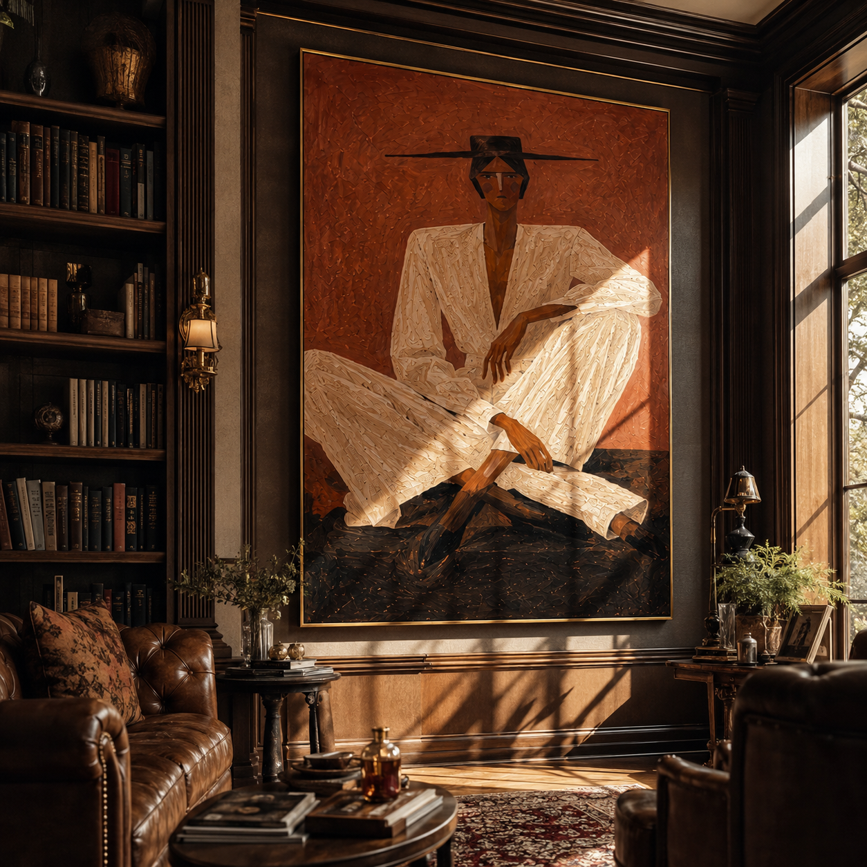 Ivory Suit Crosses Rust - Seated Ivory Suit Figure painting by Adrian Lee, mid-century modern vertical wall art – styled room scene view 5