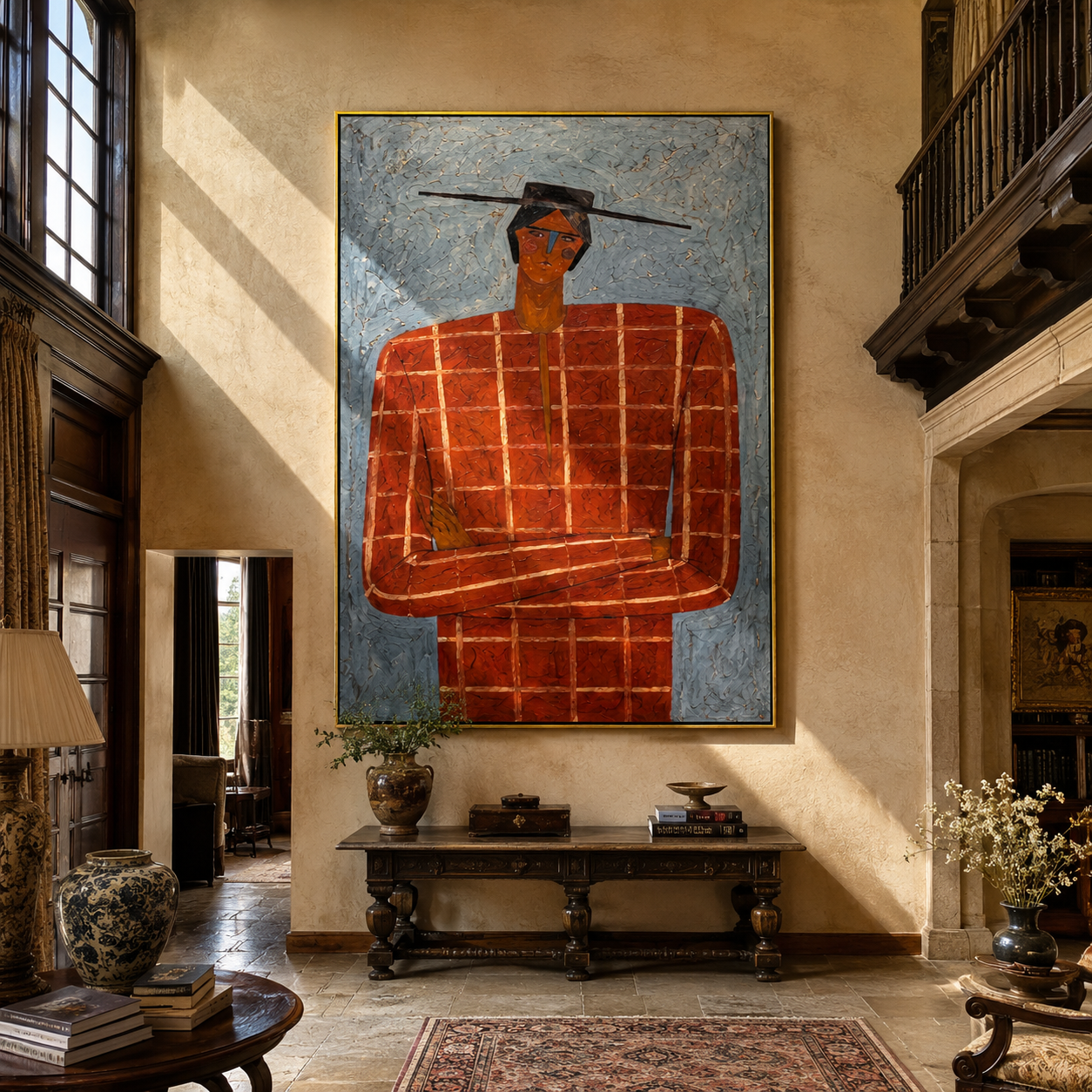 Scarlet Grid Faces Blue Weather - Red Checkered Portrait painting by Adrian Lee, mid-century modern vertical wall art – styled room scene view 1