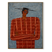 Scarlet Grid Faces Blue Weather - Red Checkered Portrait painting by Adrian Lee, mid-century modern vertical wall art – wood frame on white background