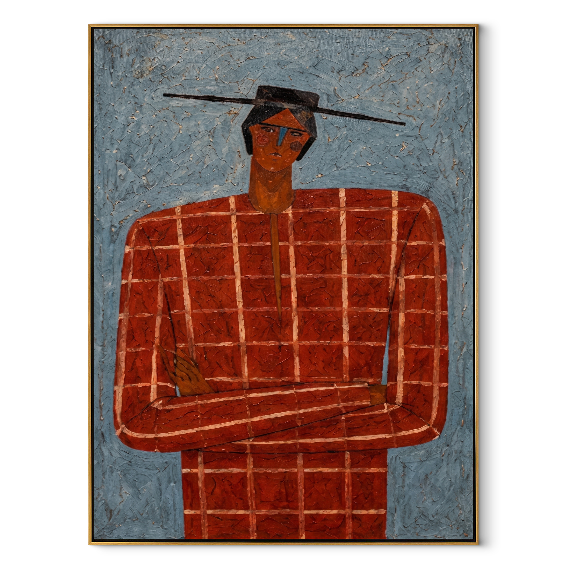 Scarlet Grid Faces Blue Weather - Red Checkered Portrait painting by Adrian Lee, mid-century modern vertical wall art – wood frame on white background