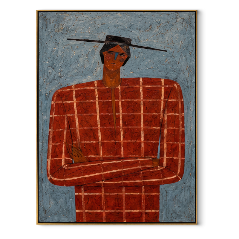 Scarlet Grid Faces Weather - Red Checkered Portrait Painting | Mid-Century Modern Vertical Wall Art