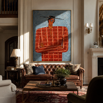 Scarlet Grid Faces Blue Weather - Red Checkered Portrait painting by Adrian Lee, mid-century modern vertical wall art – styled room scene view 2