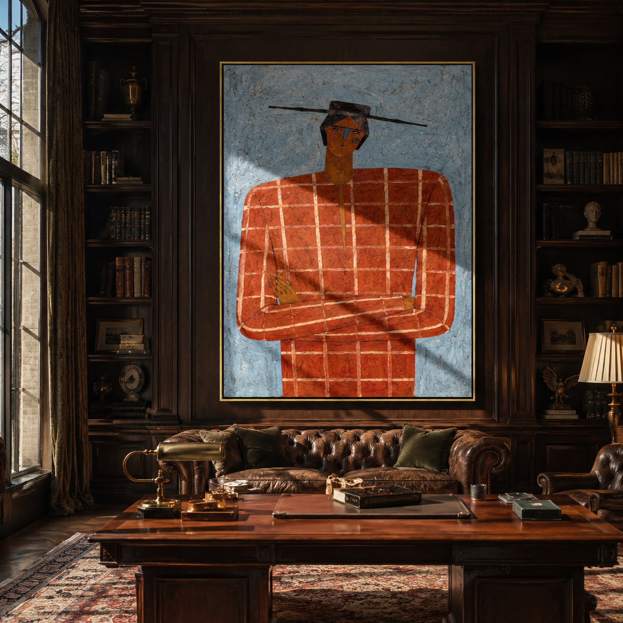 Scarlet Grid Faces Blue Weather - Red Checkered Portrait painting by Adrian Lee, mid-century modern vertical wall art – styled room scene view 3