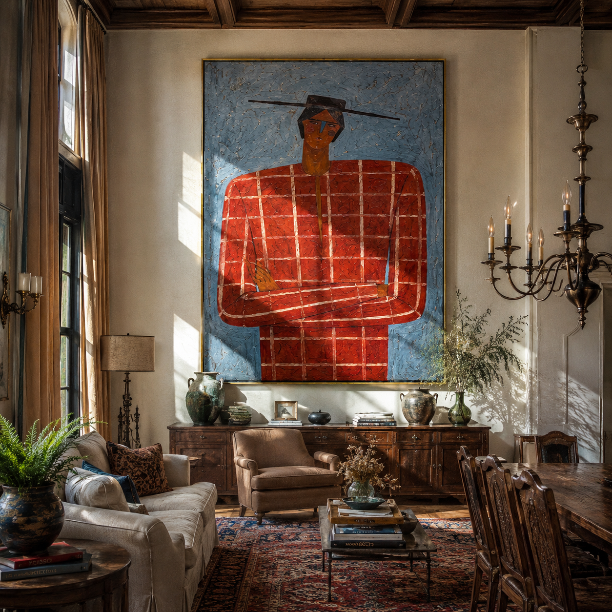 Scarlet Grid Faces Blue Weather - Red Checkered Portrait painting by Adrian Lee, mid-century modern vertical wall art – styled room scene view 4