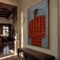 Scarlet Grid Faces Blue Weather - Red Checkered Portrait painting by Adrian Lee, mid-century modern vertical wall art – styled room scene view 5