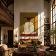 Ivory Hands Rest in Olive - Seated Ivory Robe Figure painting by Adrian Lee, mid-century modern vertical wall art – styled room scene view 1