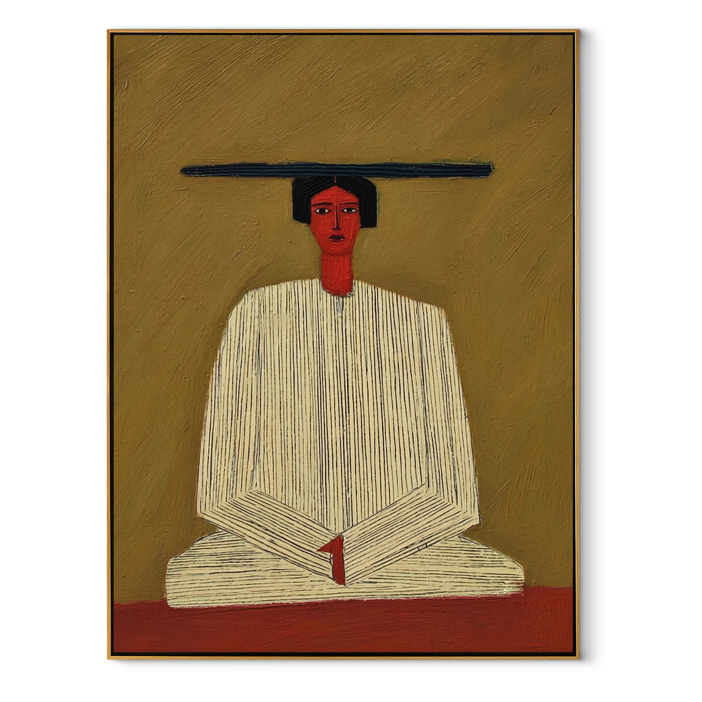 Ivory Hands Rest in Olive - Seated Ivory Robe Figure painting by Adrian Lee, mid-century modern vertical wall art – wood frame on white background