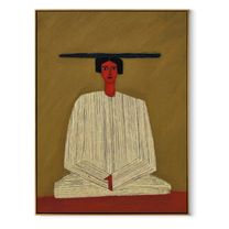 Ivory Hands Rest in Olive - Seated Ivory Robe Figure painting by Adrian Lee, mid-century modern vertical wall art – wood frame on white background