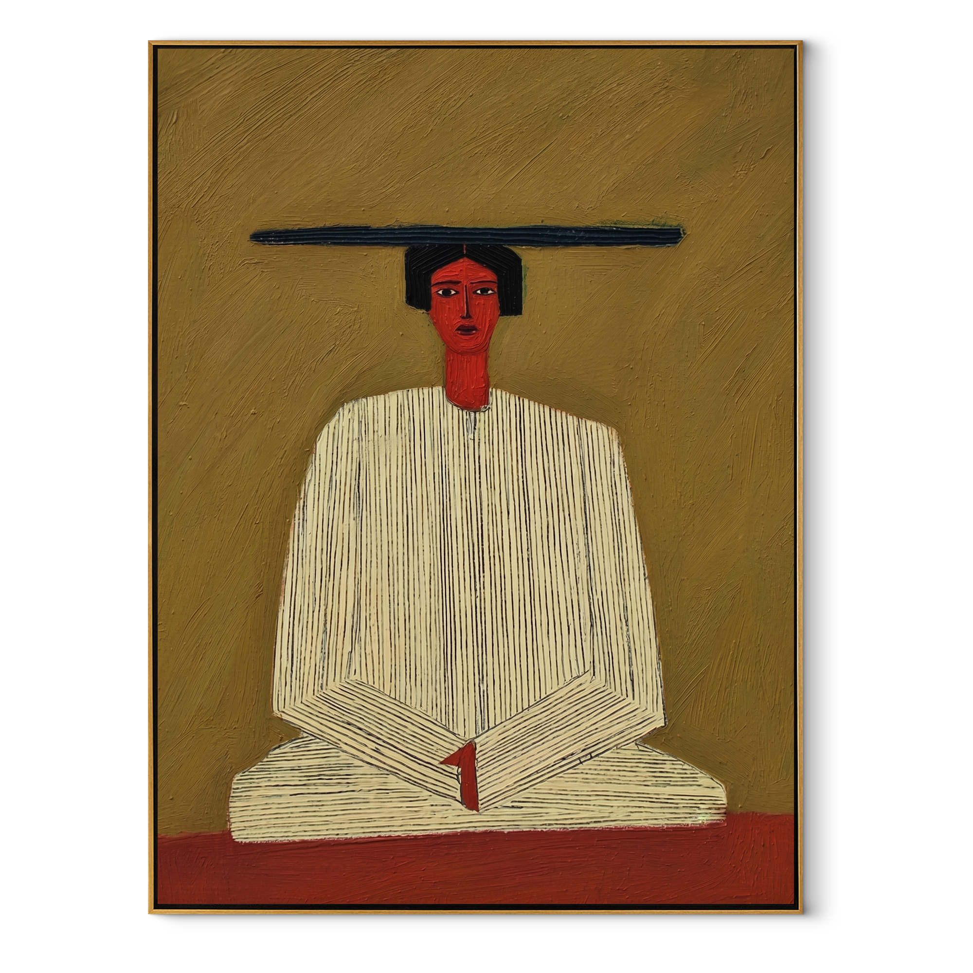 Ivory Hands Rest in Olive - Seated Ivory Robe Figure painting by Adrian Lee, mid-century modern vertical wall art – wood frame on white background