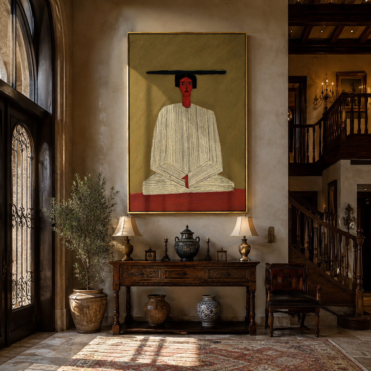 Ivory Hands Rest in Olive - Seated Ivory Robe Figure painting by Adrian Lee, mid-century modern vertical wall art – styled room scene view 2