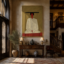 Ivory Hands Rest in Olive - Seated Ivory Robe Figure painting by Adrian Lee, mid-century modern vertical wall art – styled room scene view 2