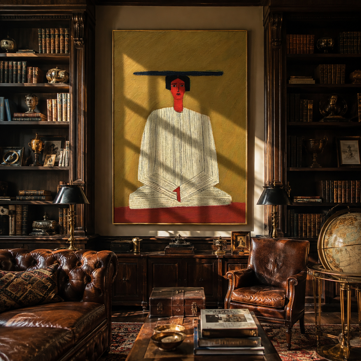 Ivory Hands Rest in Olive - Seated Ivory Robe Figure painting by Adrian Lee, mid-century modern vertical wall art – styled room scene view 3
