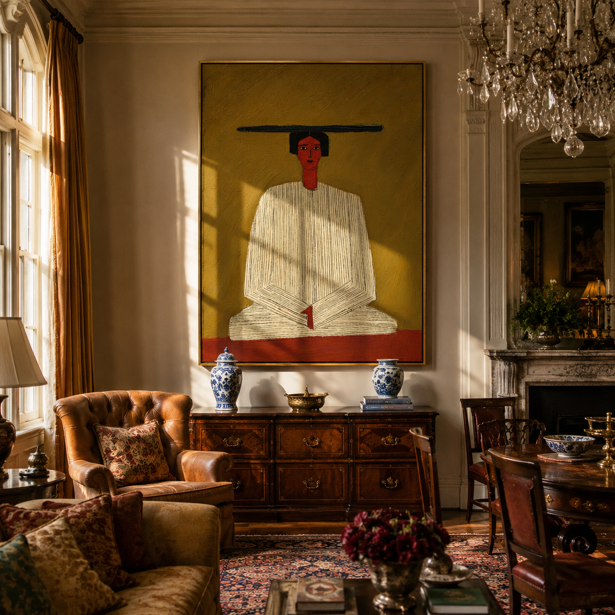 Ivory Hands Rest in Olive - Seated Ivory Robe Figure painting by Adrian Lee, mid-century modern vertical wall art – styled room scene view 4
