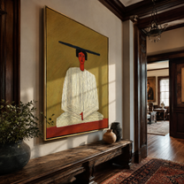 Ivory Hands Rest in Olive - Seated Ivory Robe Figure painting by Adrian Lee, mid-century modern vertical wall art – styled room scene view 5