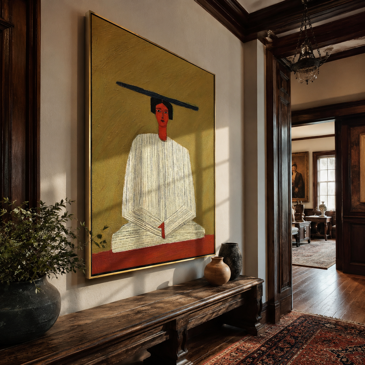 Ivory Hands Rest in Olive - Seated Ivory Robe Figure painting by Adrian Lee, mid-century modern vertical wall art – styled room scene view 5