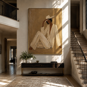 Ivory Angles Lean into Taupe - Reclining Ivory Figure painting by Adrian Lee, mid-century modern vertical wall art – styled room scene view 1