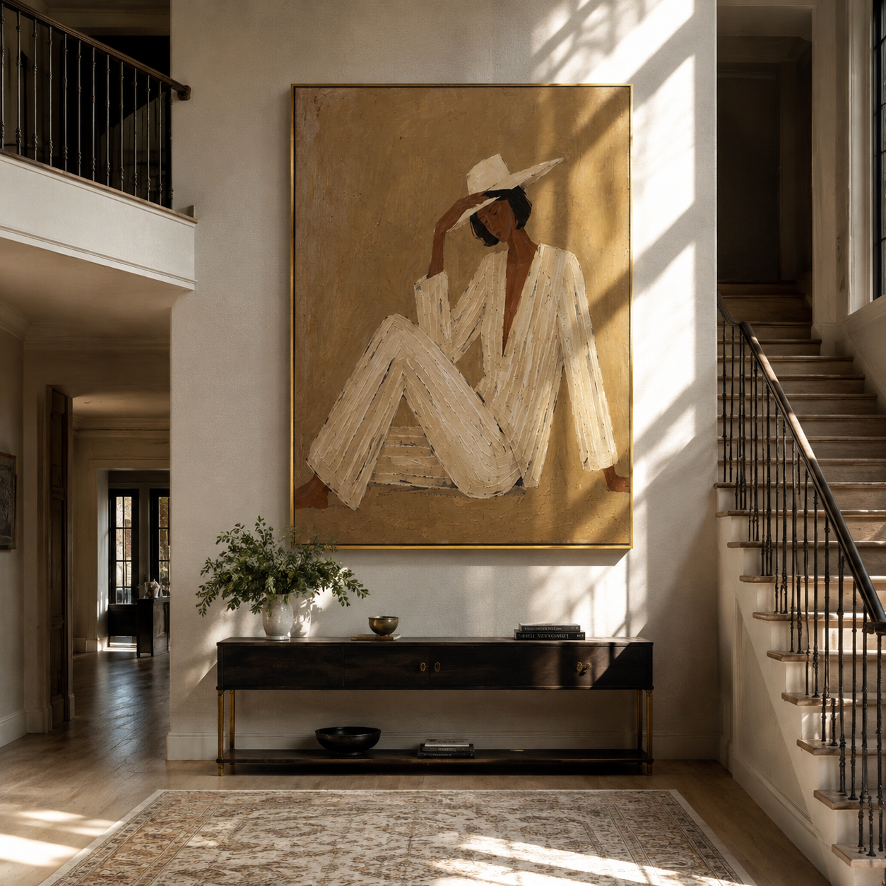 Ivory Angles Lean into Taupe - Reclining Ivory Figure painting by Adrian Lee, mid-century modern vertical wall art – styled room scene view 1