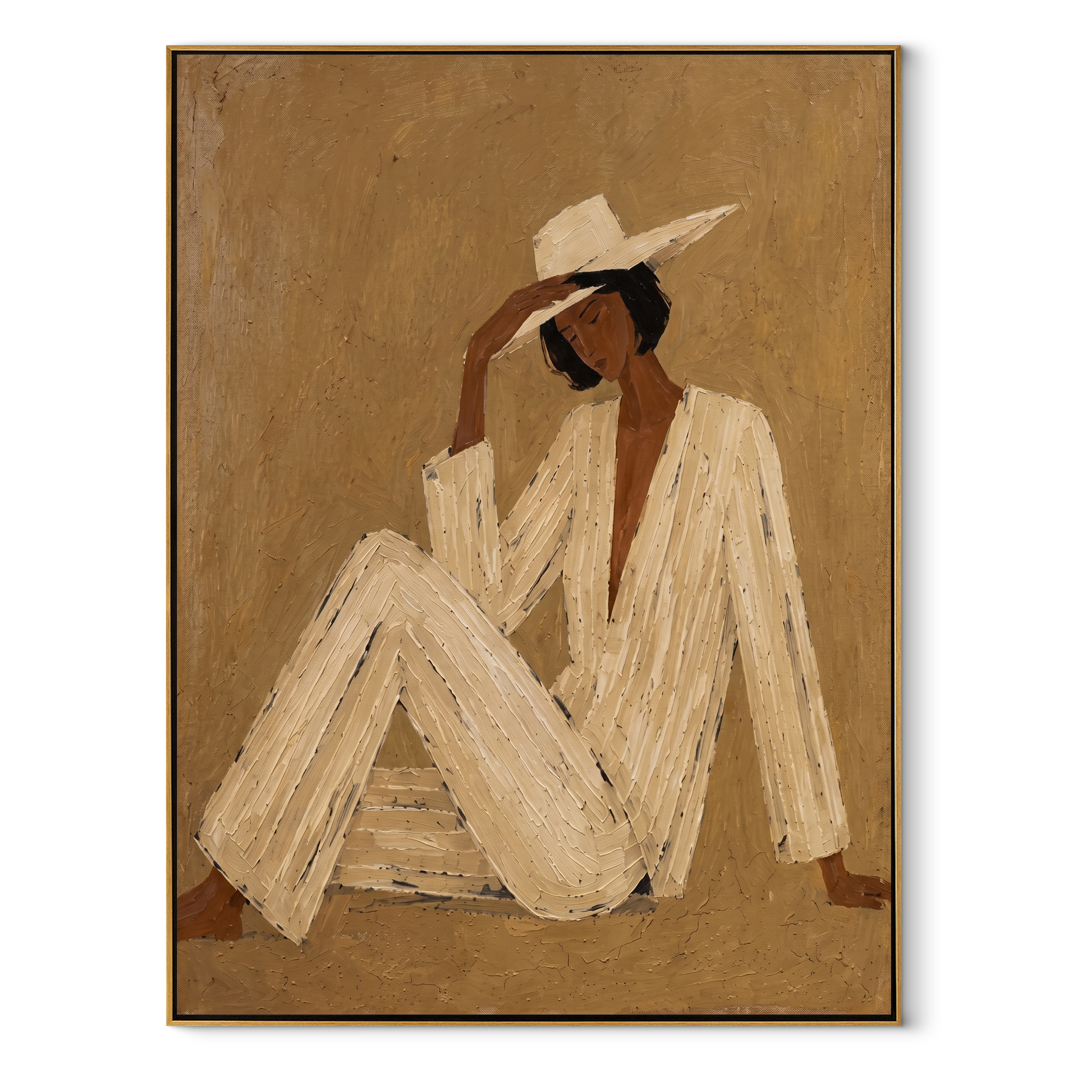 Ivory Angles Lean into Taupe - Reclining Ivory Figure painting by Adrian Lee, mid-century modern vertical wall art – wood frame on white background