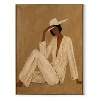 Ivory Angles Lean into Taupe - Reclining Ivory Figure painting by Adrian Lee, mid-century modern vertical wall art – wood frame on white background