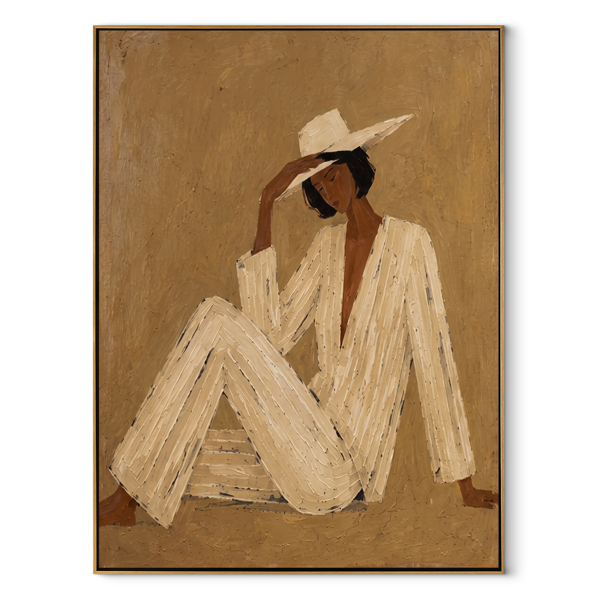 Ivory Angles Lean into Taupe - Reclining Ivory Figure painting by Adrian Lee, mid-century modern vertical wall art – wood frame on white background