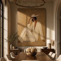 Ivory Angles Lean into Taupe - Reclining Ivory Figure painting by Adrian Lee, mid-century modern vertical wall art – styled room scene view 2