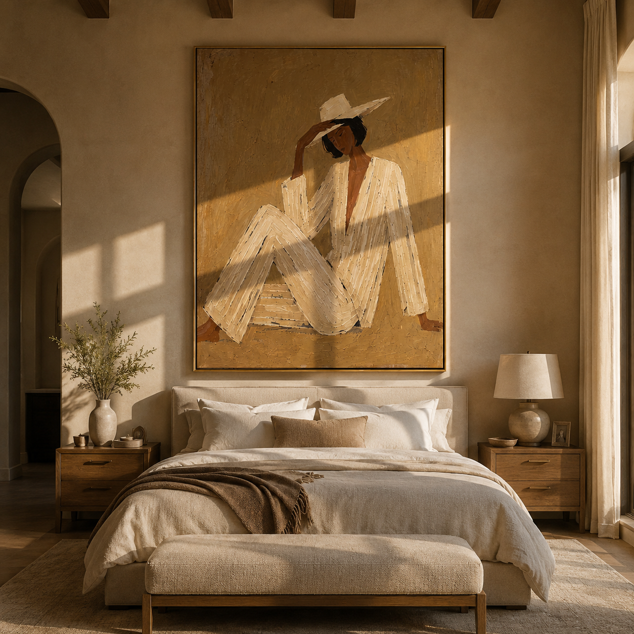 Ivory Angles Lean into Taupe - Reclining Ivory Figure painting by Adrian Lee, mid-century modern vertical wall art – styled room scene view 3