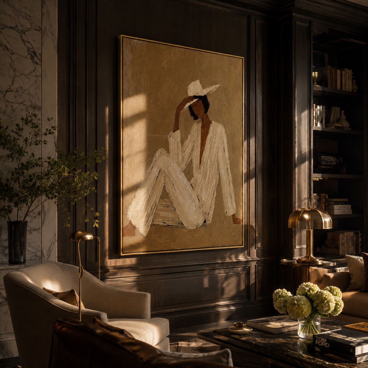 Ivory Angles Lean into Taupe - Reclining Ivory Figure painting by Adrian Lee, mid-century modern vertical wall art – styled room scene view 4