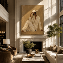 Ivory Angles Lean into Taupe - Reclining Ivory Figure painting by Adrian Lee, mid-century modern vertical wall art – styled room scene view 5