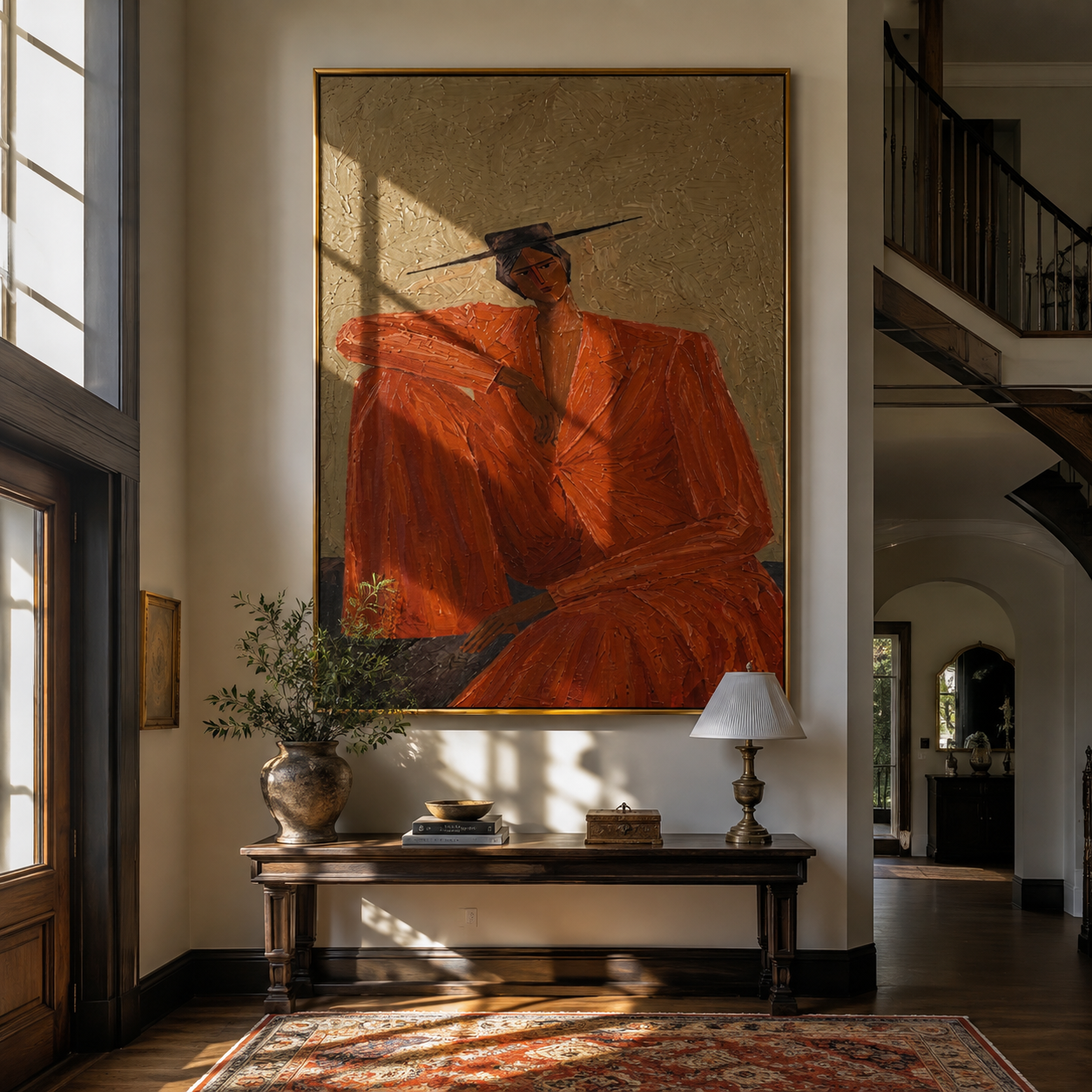 Rust Suit Holds the Shoulder - Seated Rust Suit Figure painting by Adrian Lee, mid-century modern vertical wall art – styled room scene view 1
