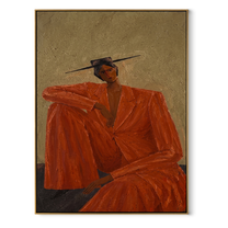 Rust Suit Holds the Shoulder - Seated Rust Suit Figure painting by Adrian Lee, mid-century modern vertical wall art – wood frame on white background