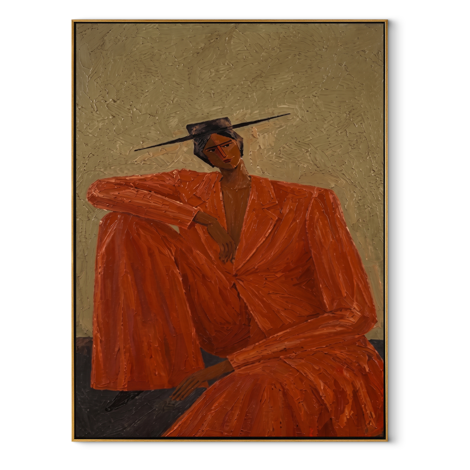 Rust Suit Holds the Shoulder - Seated Rust Suit Figure painting by Adrian Lee, mid-century modern vertical wall art – wood frame on white background