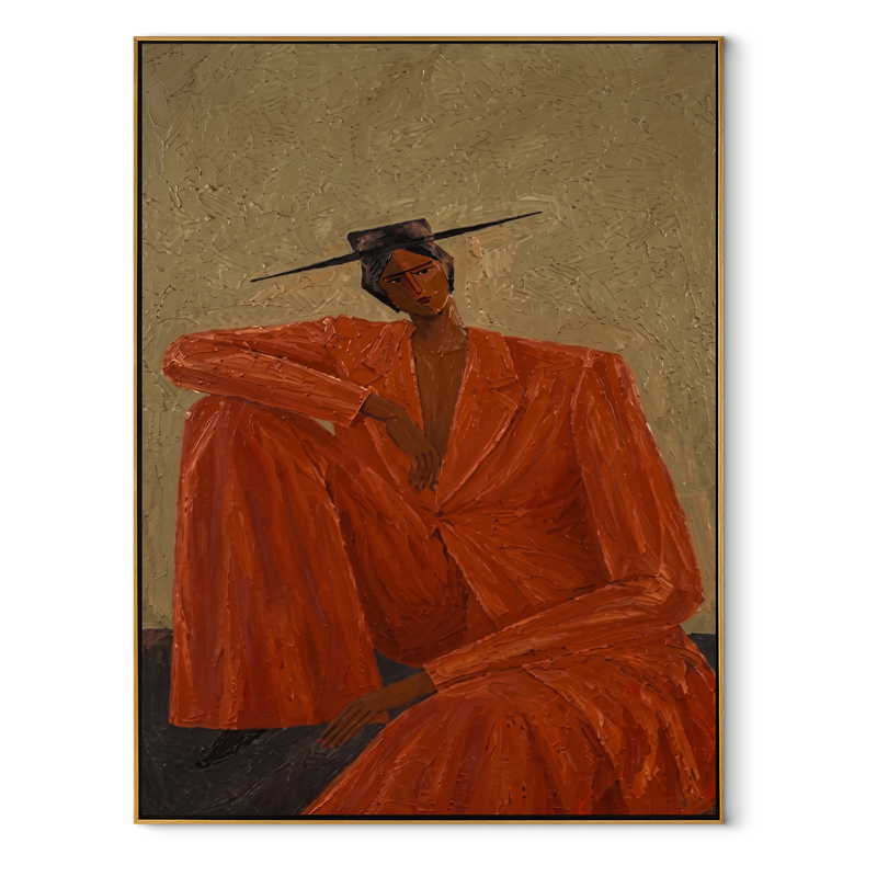 Rust Suit Holds Shoulder - Seated Rust Suit Figure Painting | Mid-Century Modern Vertical Wall Art