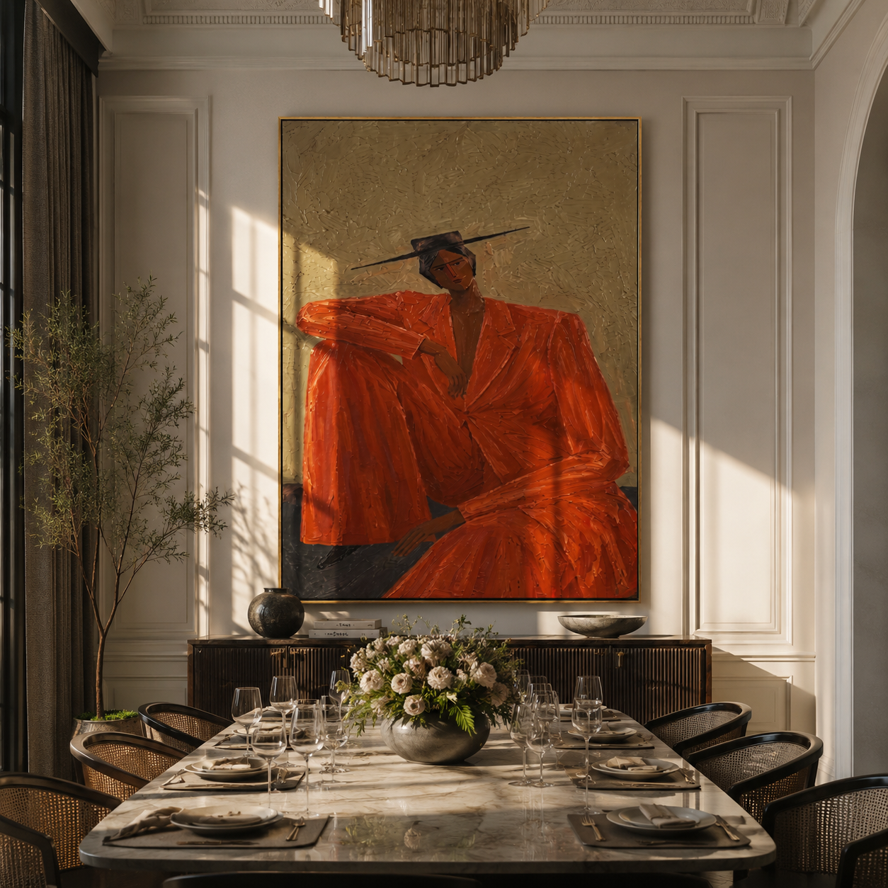 Rust Suit Holds the Shoulder - Seated Rust Suit Figure painting by Adrian Lee, mid-century modern vertical wall art – styled room scene view 2