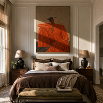 Rust Suit Holds the Shoulder - Seated Rust Suit Figure painting by Adrian Lee, mid-century modern vertical wall art – styled room scene view 3