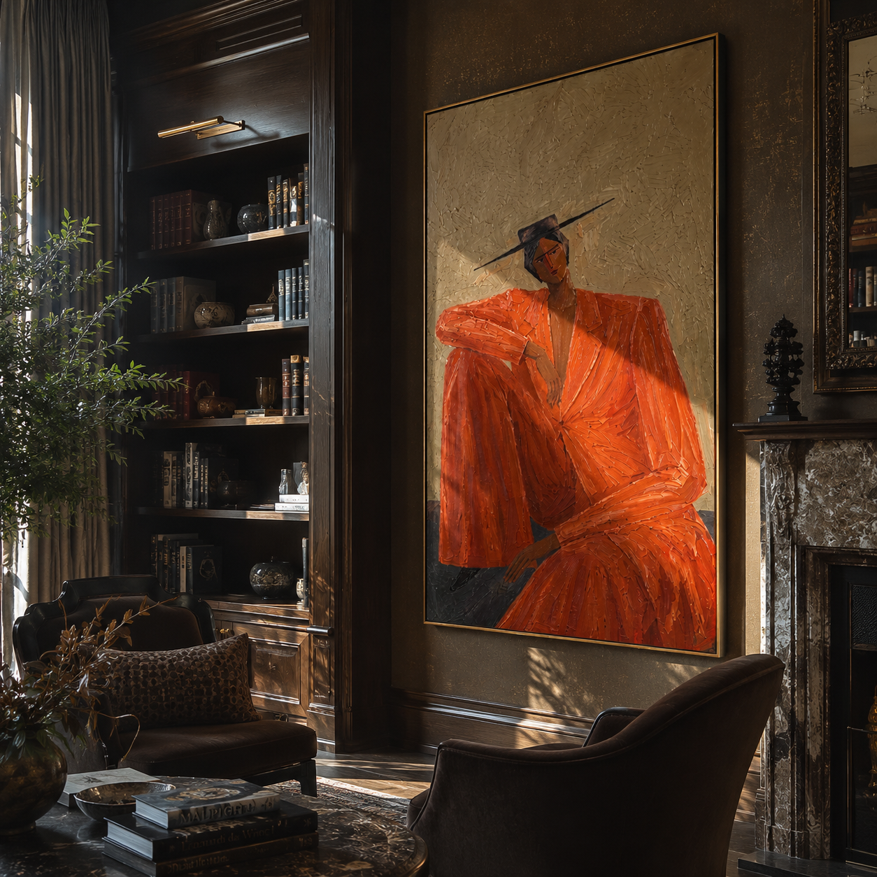 Rust Suit Holds the Shoulder - Seated Rust Suit Figure painting by Adrian Lee, mid-century modern vertical wall art – styled room scene view 4