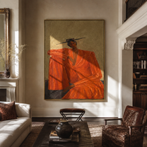 Rust Suit Holds the Shoulder - Seated Rust Suit Figure painting by Adrian Lee, mid-century modern vertical wall art – styled room scene view 5