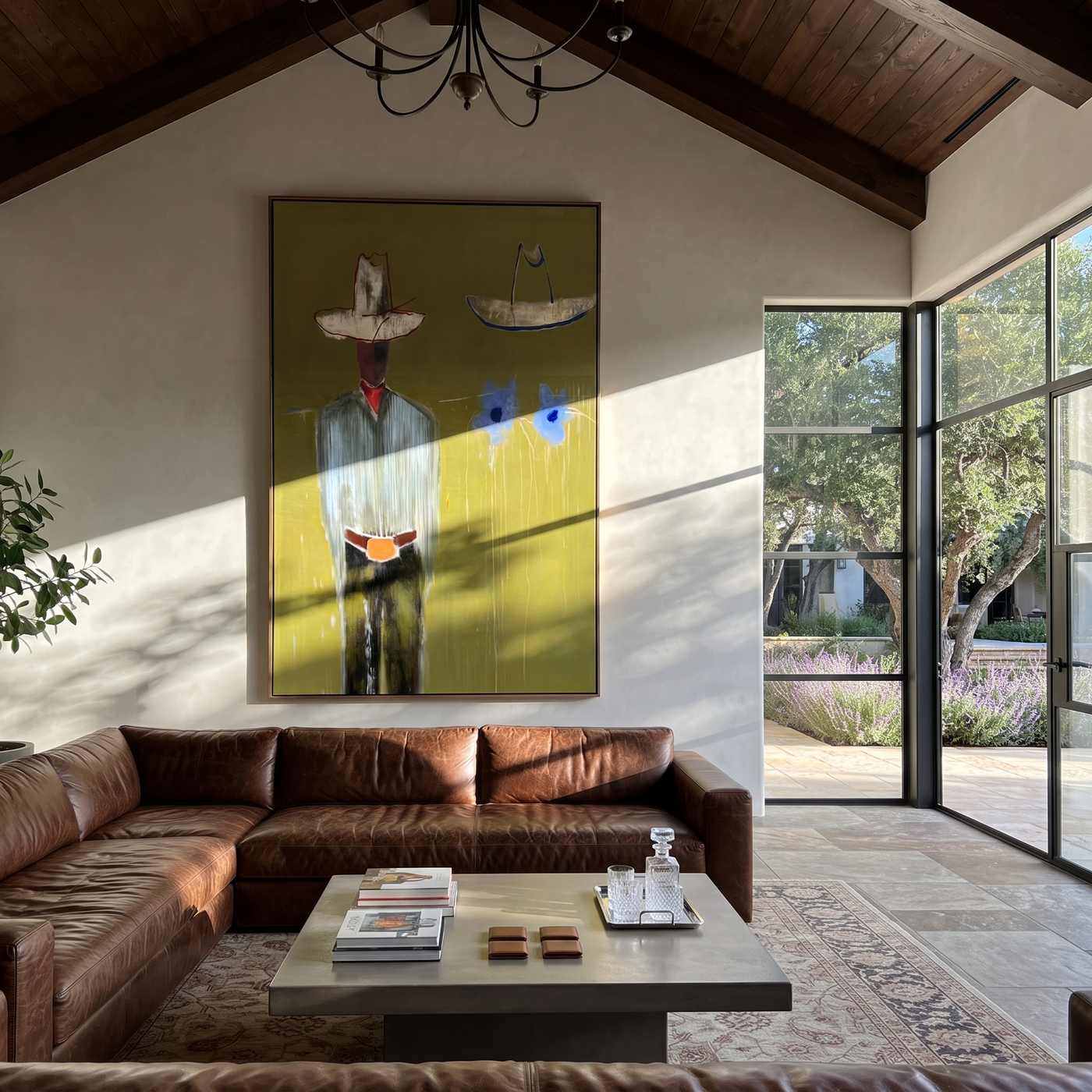 Blue Cats Guard Silence - striped cowboy with two cats painting by Adrian Lee, mid-century modern vertical wall art – styled room scene view 1