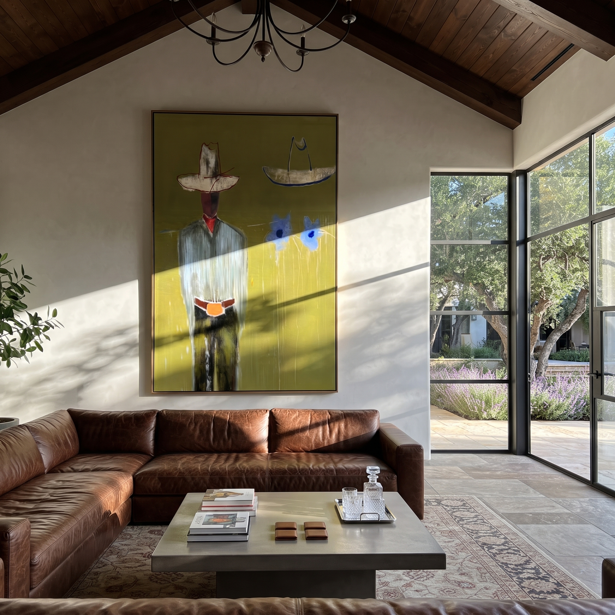 Blue Cats Guard Silence - striped cowboy with two cats painting by Adrian Lee, mid-century modern vertical wall art – styled room scene view 1