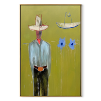 Blue Cats Guard Silence - striped cowboy with two cats painting by Adrian Lee, mid-century modern vertical wall art – wood frame on white background