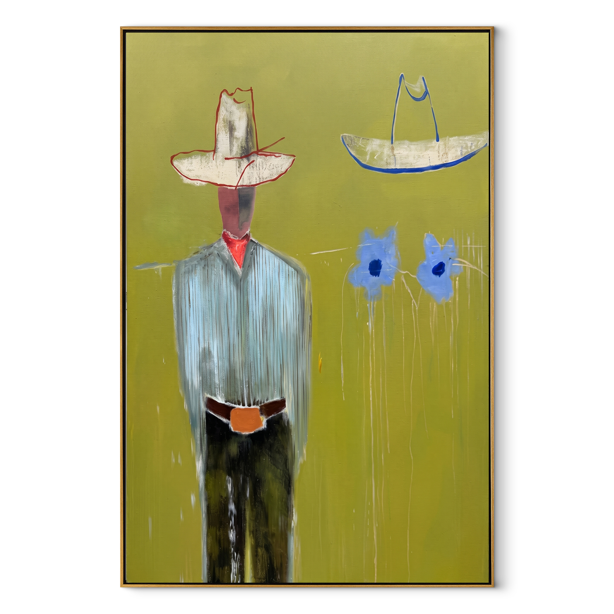 Blue Cats Guard Silence - striped cowboy with two cats painting by Adrian Lee, mid-century modern vertical wall art – wood frame on white background