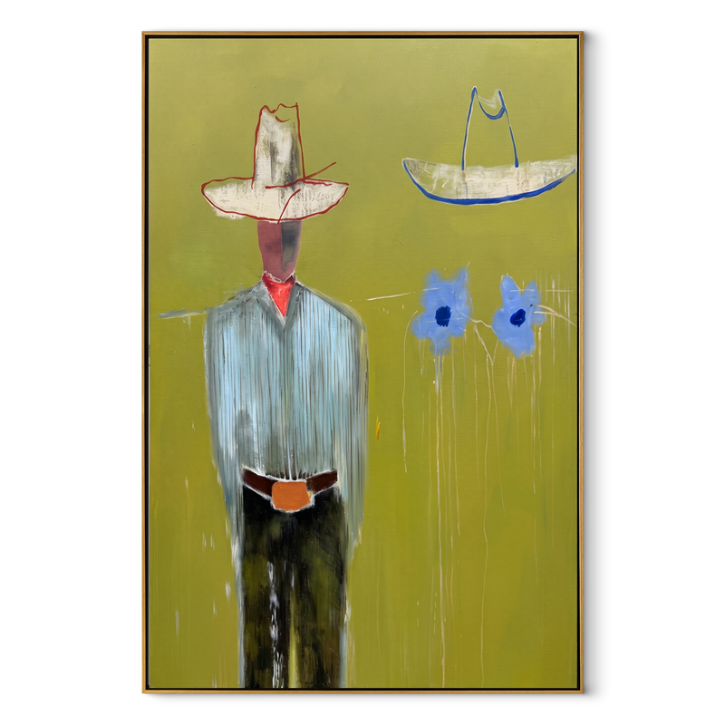Blue Cats Guard Silence - Striped Cowboy with Two Cats Painting | Mid-Century Modern Vertical Wall Art
