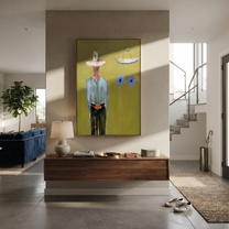 Blue Cats Guard Silence - striped cowboy with two cats painting by Adrian Lee, mid-century modern vertical wall art – styled room scene view 2