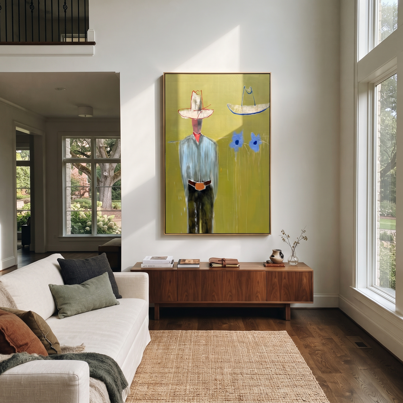Blue Cats Guard Silence - striped cowboy with two cats painting by Adrian Lee, mid-century modern vertical wall art – styled room scene view 3