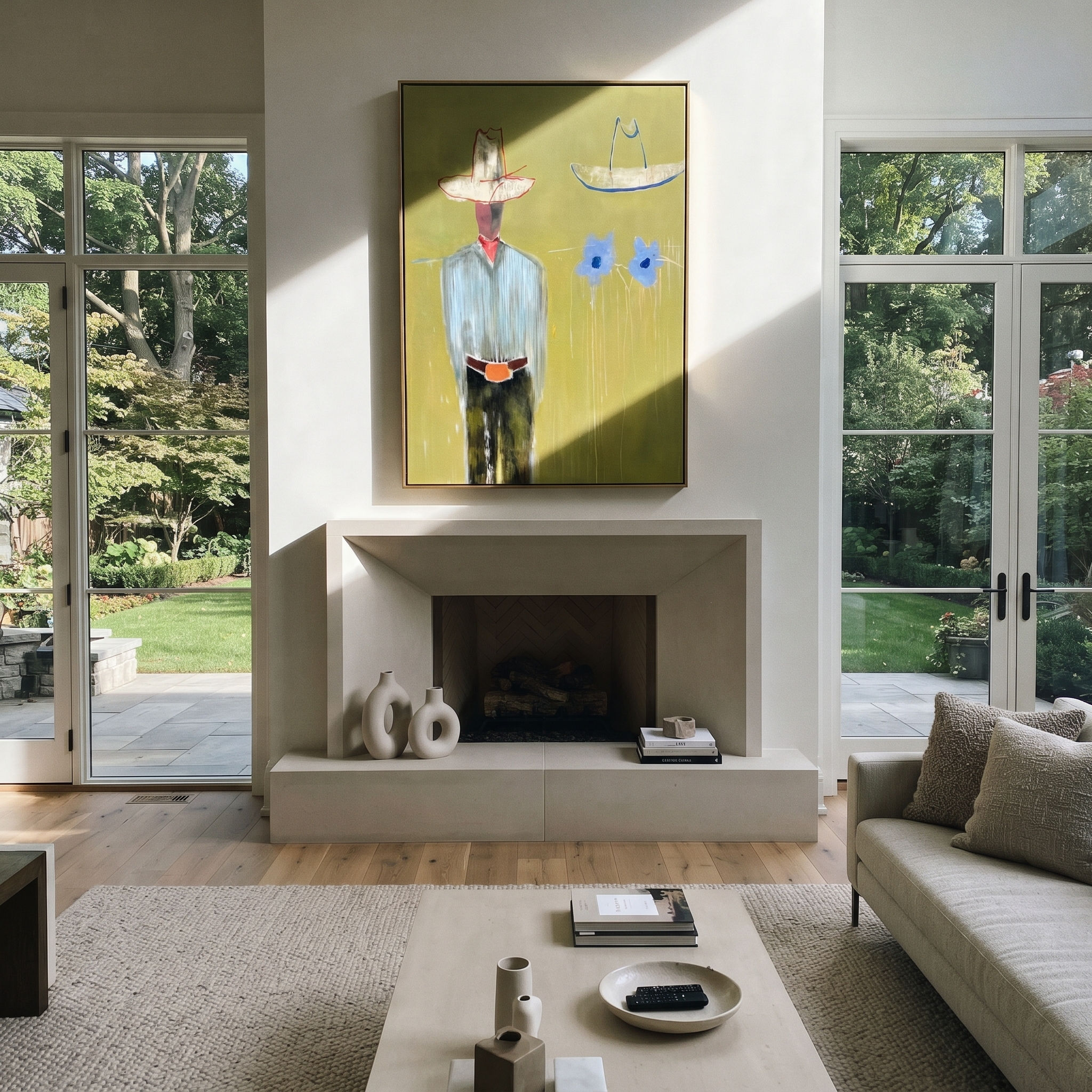Blue Cats Guard Silence - striped cowboy with two cats painting by Adrian Lee, mid-century modern vertical wall art – styled room scene view 4