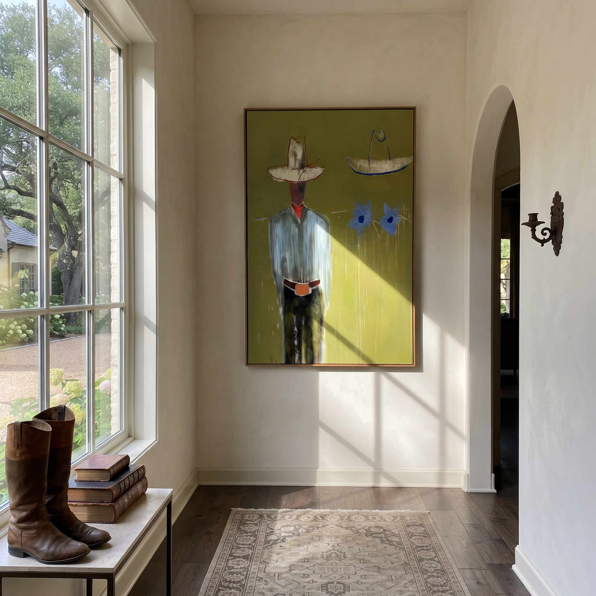 Blue Cats Guard Silence - striped cowboy with two cats painting by Adrian Lee, mid-century modern vertical wall art – styled room scene view 5