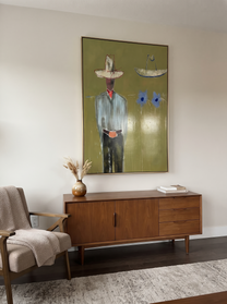 Blue Cats Guard Silence - striped cowboy with two cats painting by Adrian Lee, mid-century modern vertical wall art – styled room scene view 6