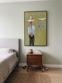 Blue Cats Guard Silence - striped cowboy with two cats painting by Adrian Lee, mid-century modern vertical wall art – styled room scene view 7