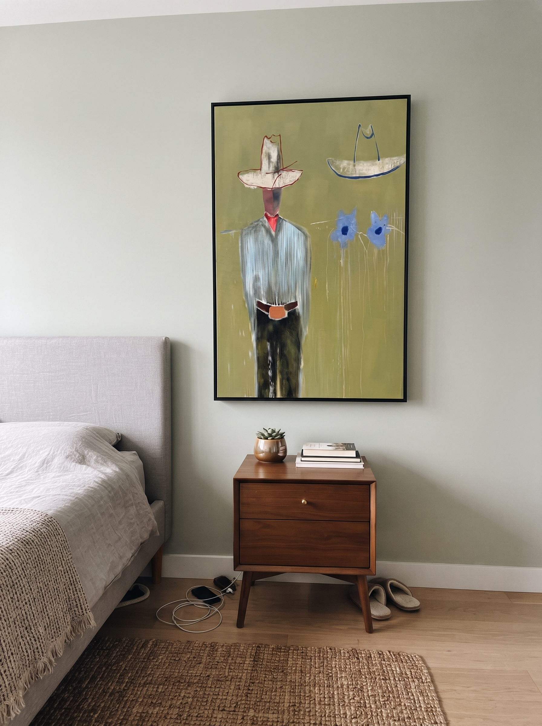 Blue Cats Guard Silence - striped cowboy with two cats painting by Adrian Lee, mid-century modern vertical wall art – styled room scene view 7