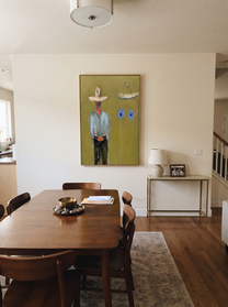 Blue Cats Guard Silence - striped cowboy with two cats painting by Adrian Lee, mid-century modern vertical wall art – styled room scene view 8